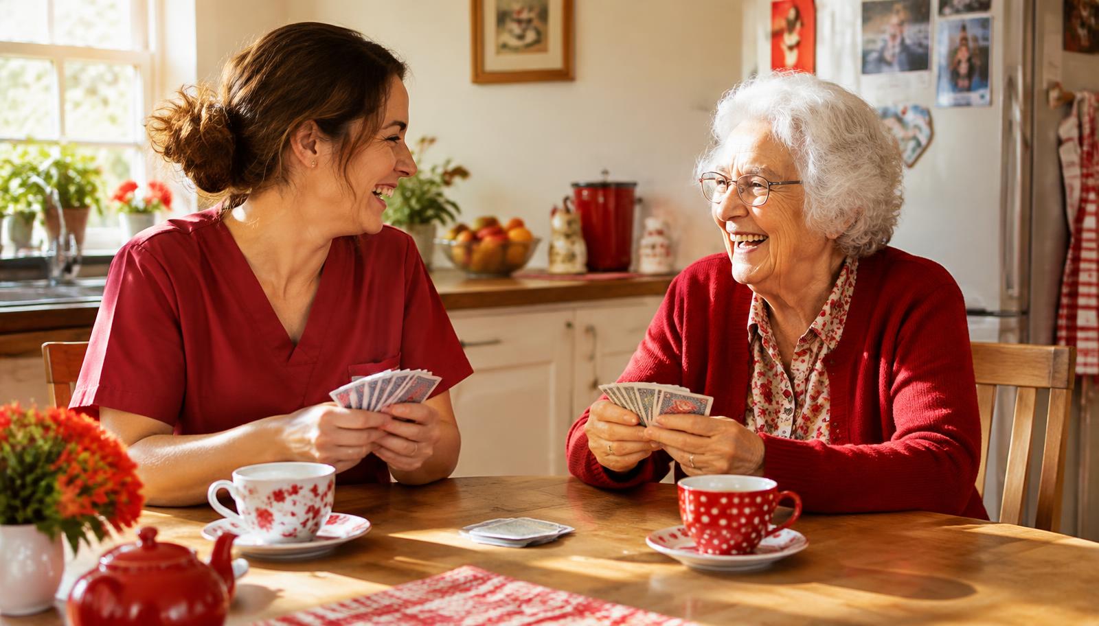 Caregiver and senior woman laughing over a card game and tea