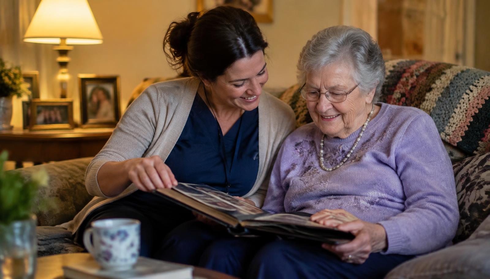 Caregiver looking through a photo album with a senior woman