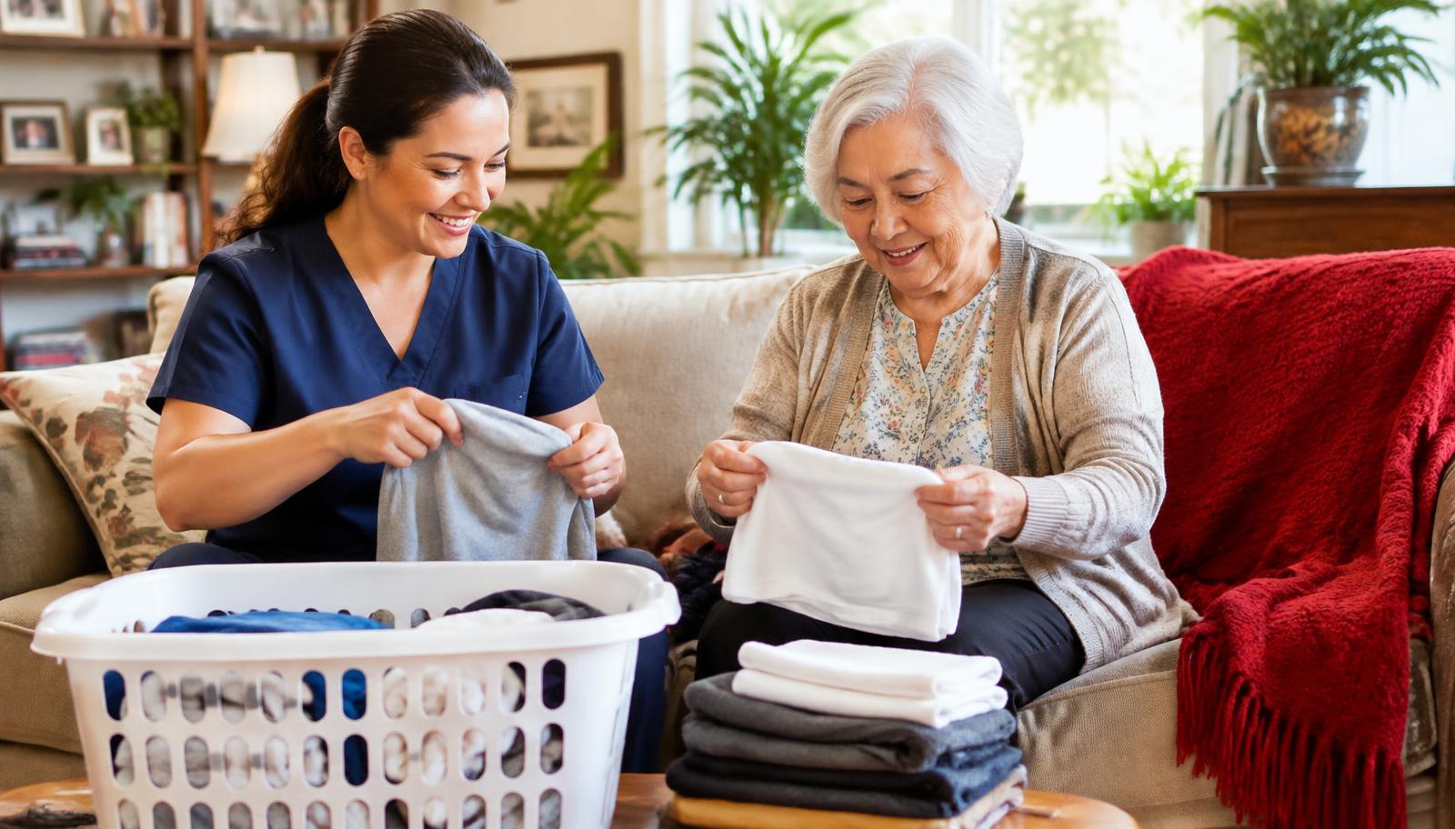 Caregiver and senior woman folding laundry together
