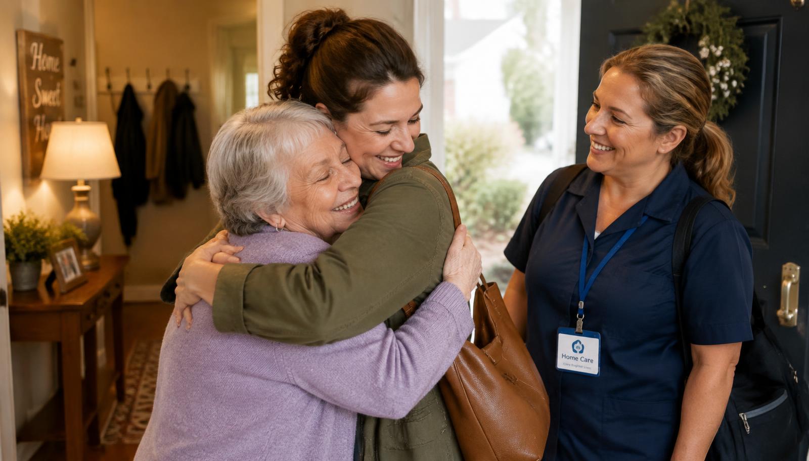 Daughter hugging her mother as a caregiver arrives