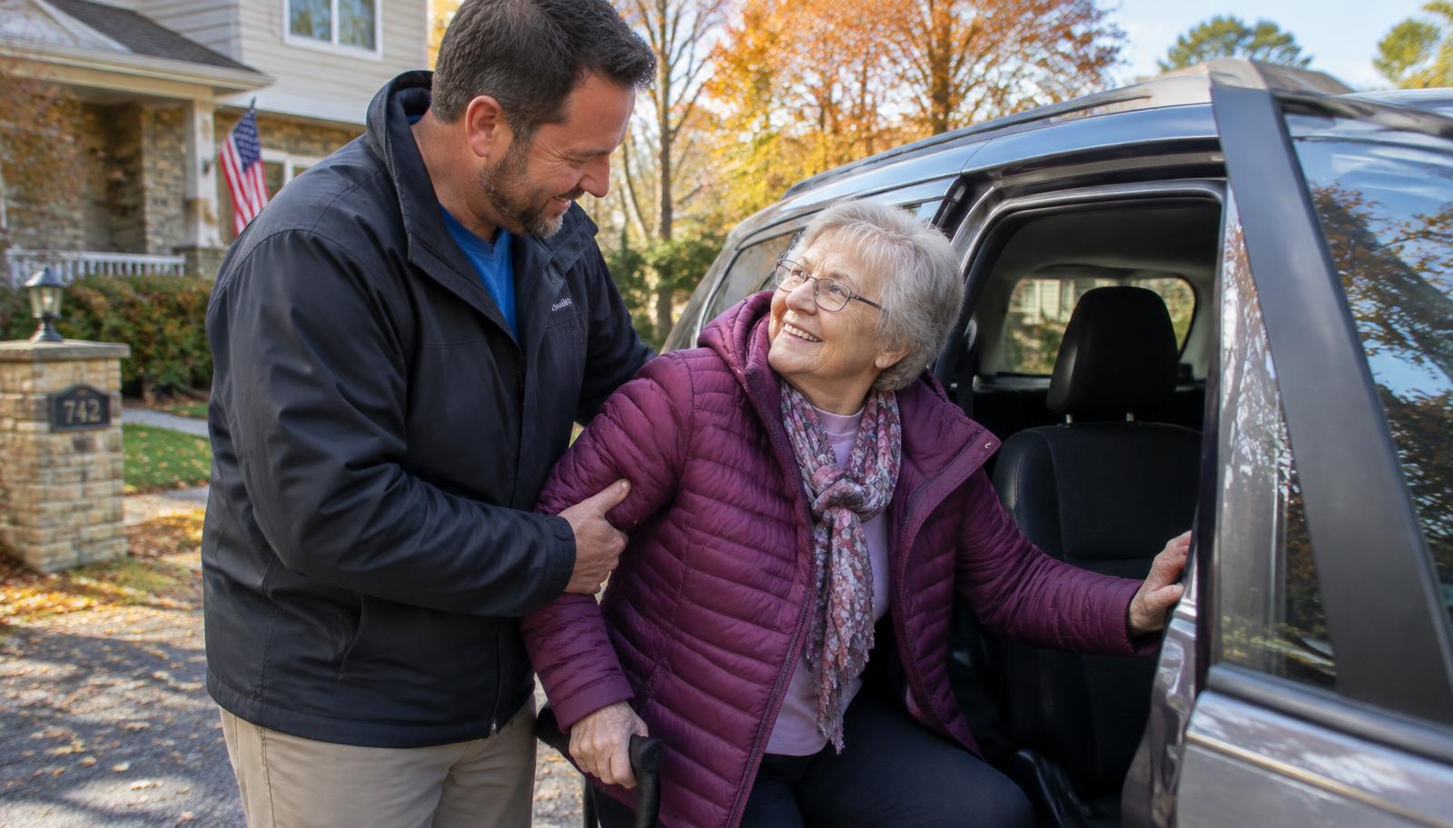 Caregiver helping a senior woman into a car