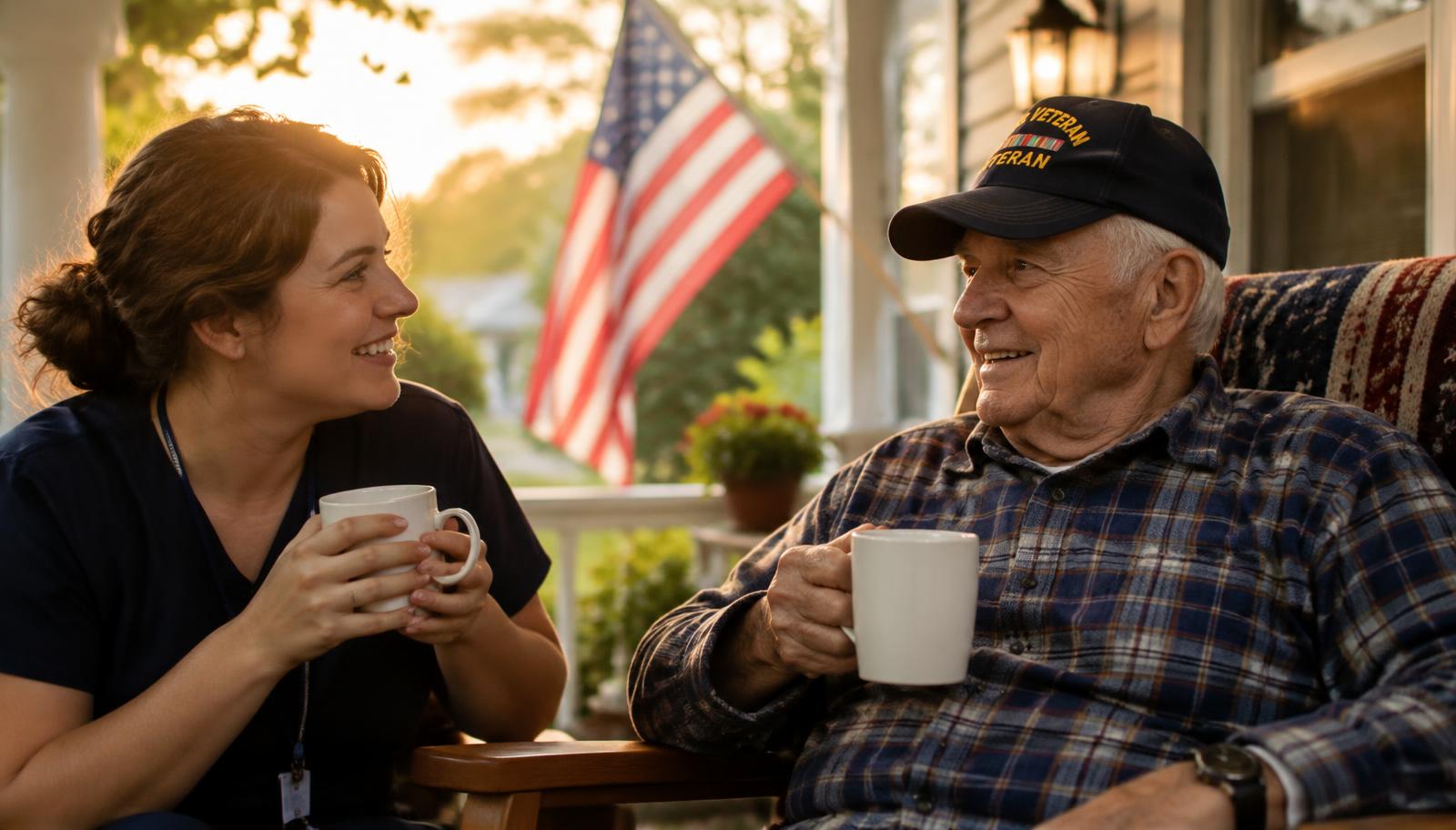 Caregiver sharing coffee with a veteran on his porch